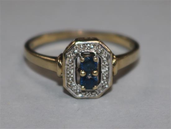 A 9ct gold sapphire and diamond ring, (shank broken), size R.